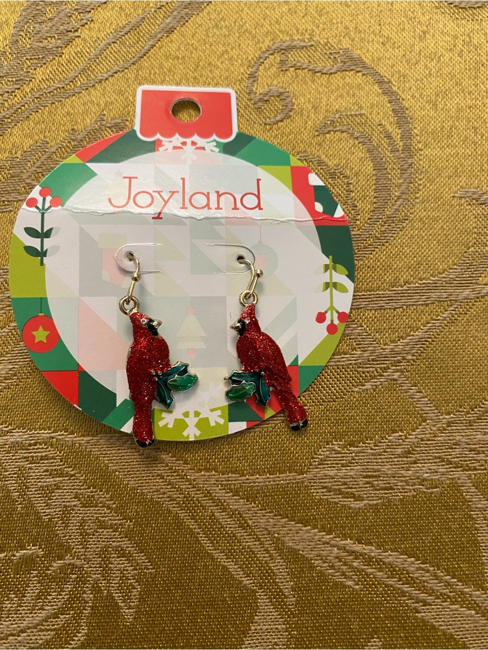 Joyland Red Cardinal Earrings with Green Leaves pierced.  New.